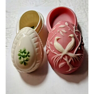 Easter Eggs Vint. Trinket Containers Irish Donegal Parian China/ Pink Soap Stone